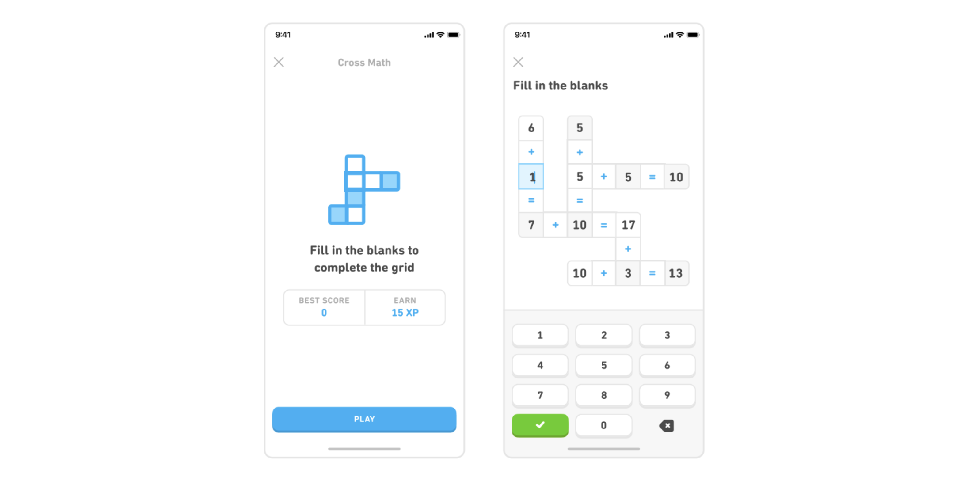 Cross Math — puzzle screens in the Duolingo iOS app