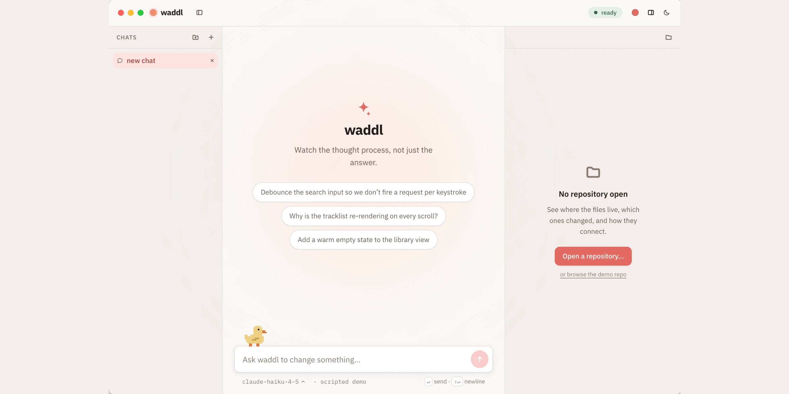 Waddl — a small desktop window showing Claude Code narrating its work